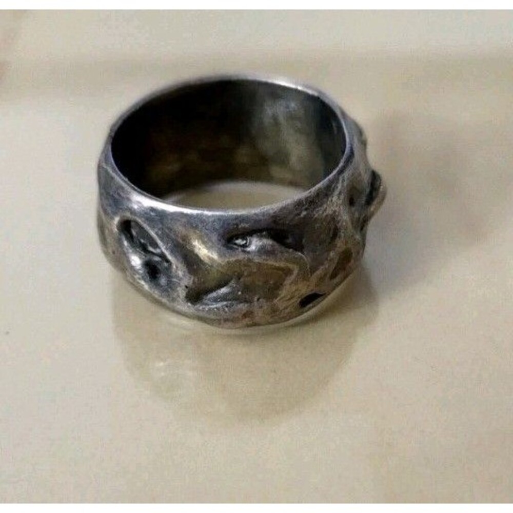 Vintage Brutalist Molten Silver Tone Wide Band Ring  Modernist Studio Style